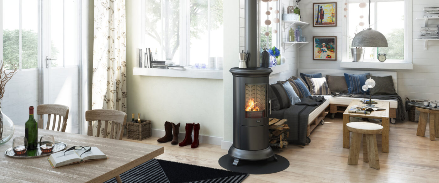 interior in a living with a fireplace wine winter boots sofa dining table